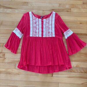 Embroidered Kurta Tunic Top Pink White Sz. L Floral Bell Sleeves Buttons Viscose